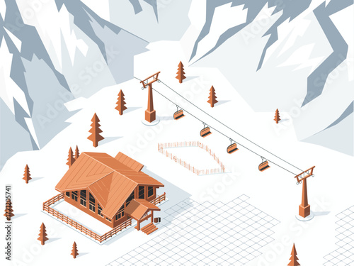 Isometric mountain ski resort, lodge near slopes, gondola cable cars, snowy landscape, winter sports destination, vacation vector illustration