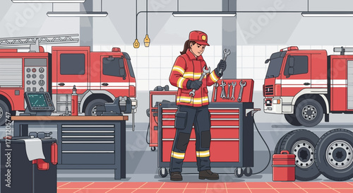 Female firefighter working on a fire truck in a vibrant cartoon style garage