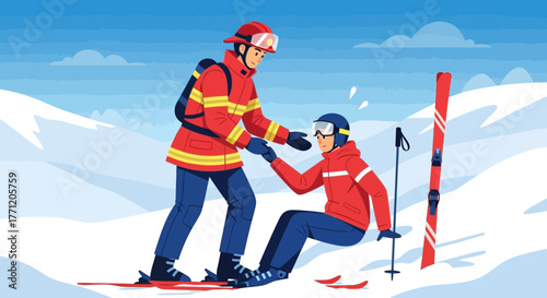 Ski Resort Emergency: Firefighter Assisting Injured Skier on Snowy Mountain
