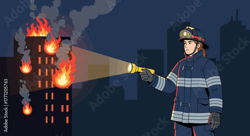 Brave firefighter inspecting burning building at night with determination and courage