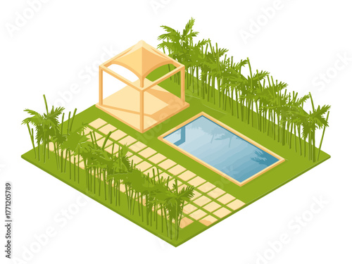 Contemporary pergola beside lap pool, bamboo fence enclosure, tropical foliage, outdoor relaxation deck, luxury villa courtyard, isometric illustration
