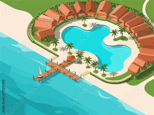 Beachfront resort lagoon, overwater pier walkway, palm villas, turquoise shoreline, tropical holiday destination, island vacation landscape, isometric illustration