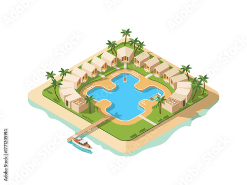 Desert oasis resort, central lagoon swimming pool, palm lined boardwalk, sandy surroundings, exclusive getaway destination, isometric travel illustration