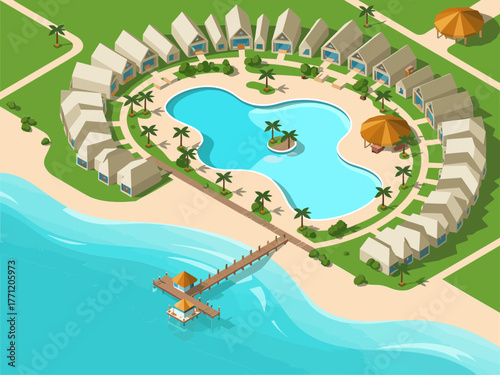 Coastal resort complex, semicircle villas around lagoon pool, wooden pier, beach waves, tropical vacation destination, isometric travel graphic