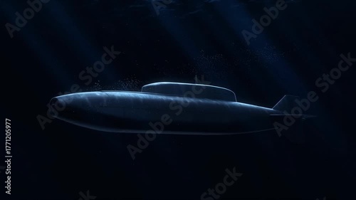 Realistic Military Submarine Cruising Slowly in Deep Dark Ocean Underwater with Cinematic Light Beams and Rising Bubbles, Ultra-Realistic 3D Render