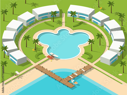 Symmetrical luxury resort, clover shaped pool centerpiece, arched entrance bridges, palm avenue, beachfront villas, holiday destination, isometric illustration