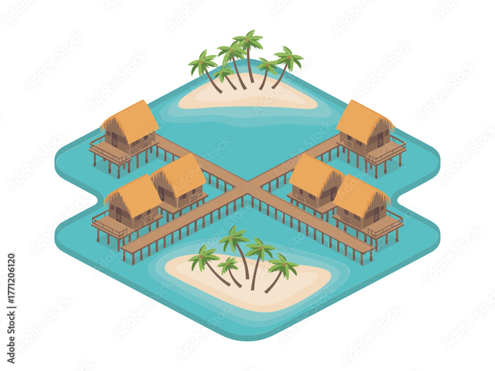 Naklejka premium Tropical water villas, island core with boardwalk ring, palms at corners, crystal lagoon, serene holiday destination vector