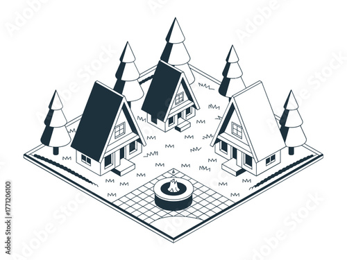 Monochrome cabin layout, A frame houses, pine rows, central fountain, schematic winter village, isometric architectural illustration vector