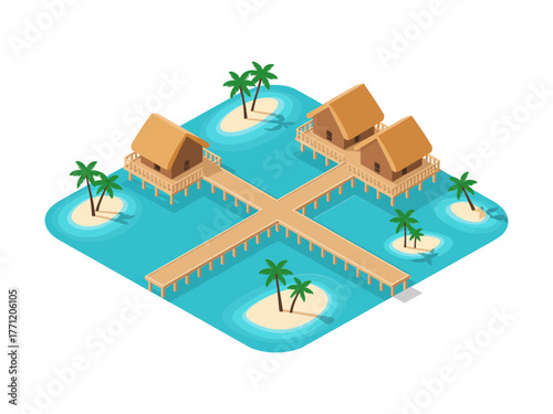Island lagoon villas, wooden piers crossing, palms on sandbanks, calm turquoise water, tropical resort escape, isometric vector