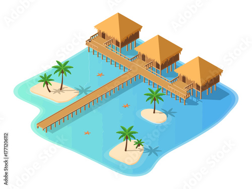 Overwater bungalow resort, elevated wooden walkways, shallow turquoise lagoon, small sandy islets, palm trees, tranquil vacation vector
