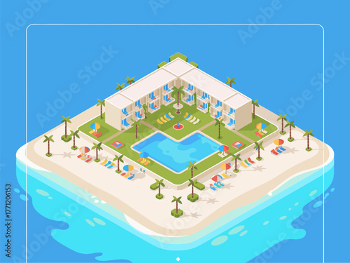 Isometric island hotel on water, seafront resort with pool, palm promenade, coastal getaway illustration, summer tourism vector