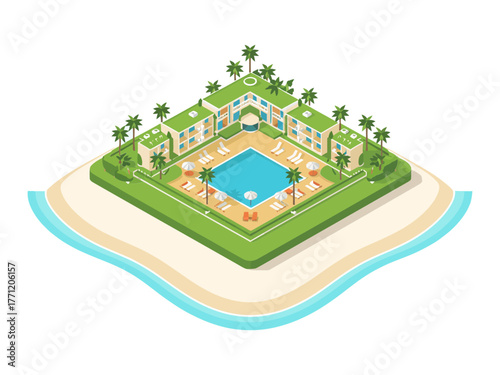 Isometric beach resort complex, palm lined courtyard with pool, coastal island plaza, tropical vacation destination illustration, travel vector
