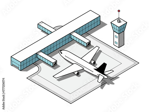 Isometric airport terminal scene, passenger jet at gate, glass concourse walkway, control tower, aviation travel infrastructure vector illustration