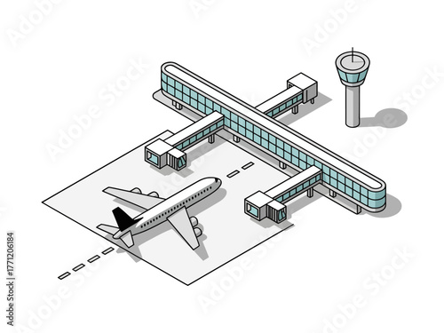 Isometric international airport, multiple gates with jet bridges, taxiway markings, parked aircraft, air travel hub illustration, transportation vector