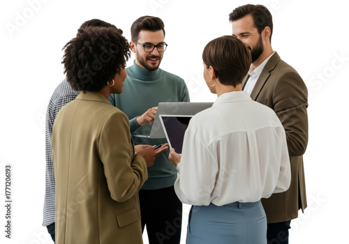 Business team working together with laptop isolated on white