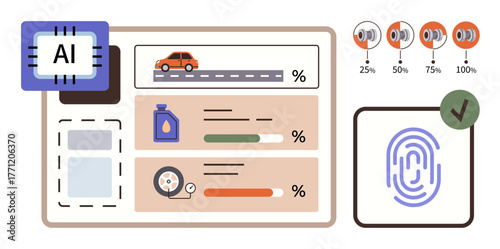Embedded AI microchip, dashboard with car diagnostics, liquid and part performance metrics, fingerprint access. Ideal for technology, automation, AI, data, innovation security digital solutions