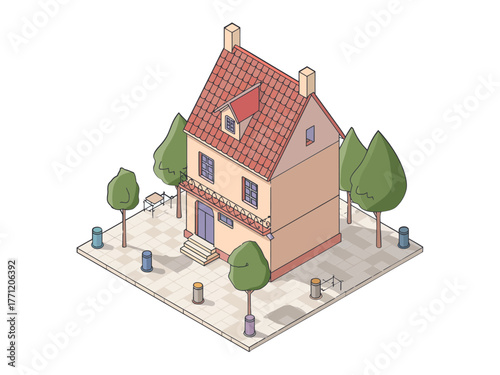 Isometric European townhouse, red roof with dormer, corner plaza setting, bollards and trees, charming architecture, historic vibes, vector