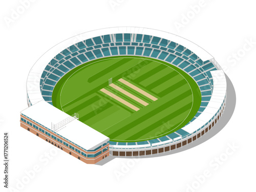 Cricket stadium isometric arena, central wicket strip, pavilion building entrance, green outfield, international match venue, detailed illustration