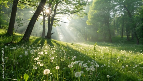 A serene morning in a forest glade, with sunlight streaming through the trees and illuminating a field of dandelions in full bloom, creating a magical scene