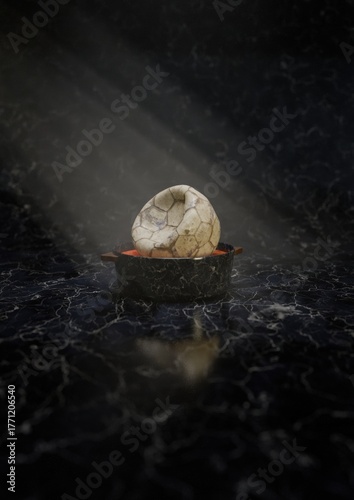 3d rendered deflated soccer ball in a marble bowl under dramatic lighting illuminated on a dark marble surface