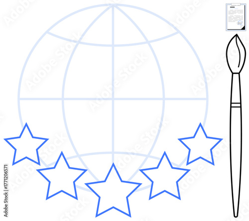 Globe outline with five stars, paintbrush, and document suggest quality, global reach, certification, creativity, art, perfection innovation. Ideal for branding artistry certification global