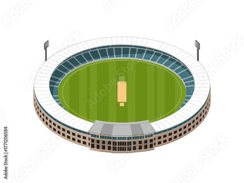 Round cricket arena illustration, circular seating bowl, central pitch, tall light poles, professional sports ground, vector design