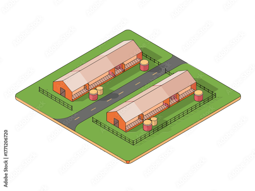 Fototapeta premium Rural farming complex, twin long barns with red roofs, fenced pathways, agricultural buildings perspective, isometric vector illustration
