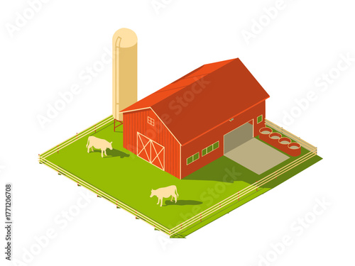 Classic red barn with silo, fenced paddock, grazing cattle, rural dairy farm landscape, agriculture property illustration, vector