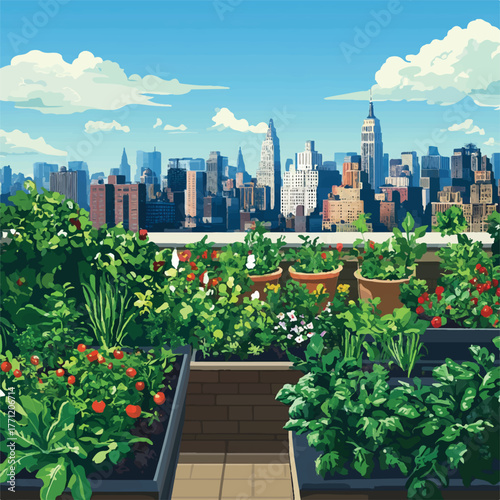 Rooftop garden with lush green plants and vegetables in urban setting