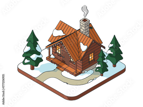 Isometric log cabin in snow, smoking chimney, evergreen trees, winter lodge terrain tile, mountain vacation retreat vector