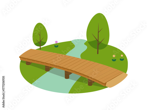 Curved timber bridge over pond, garden trees and stones, peaceful park scene, isometric landscape architecture vector