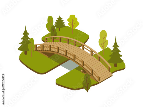 Arched wooden footbridge, garden hills and pines, scenic landscape element, park crossing design, outdoor recreation vector