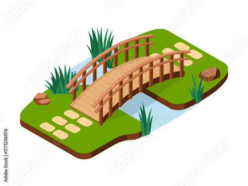 Decorative arched park bridge, stepping stone path, waterside reeds and grass, landscaped island, peaceful garden scene, vector illustration