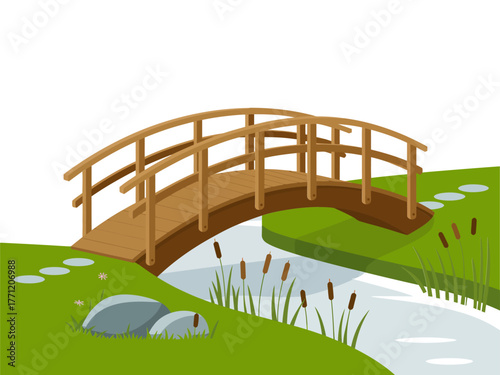 Arched wooden bridge over stream, reeds and stones on banks, calm water channel, garden landscape, clean vector illustration