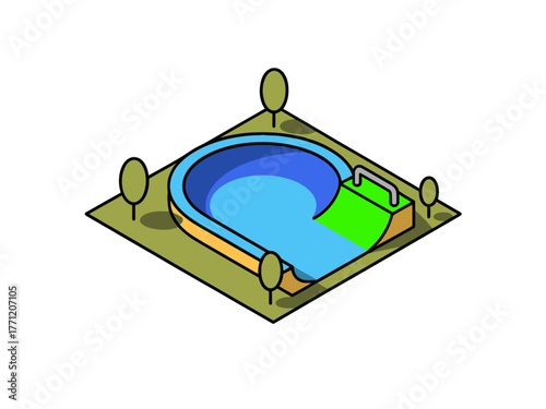 Water park pool area, circular blue basin, curved slide entry, landscaped lawn, trees and bushes, family recreation vector