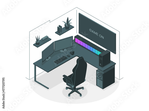 Minimal streamer desk, single ultrawide monitor, condenser mic, led strip glow, potted plants, clean gaming studio corner