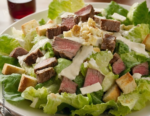 beef caesar salad with croutons on a plate