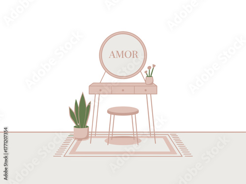 Minimal vanity corner, round wall mirror sign, pink stool, soft rug, plant accent, cozy feminine decor