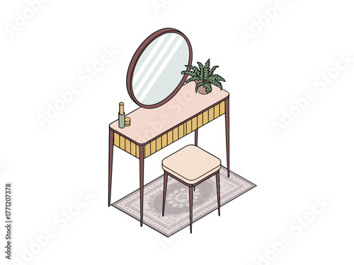 Modern dressing table, round mirror with shelf, cushioned stool, small plant, bottles, chic makeup station interior