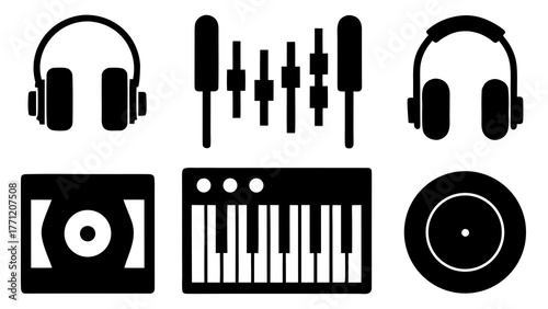Music production equipment including headphones keyboard mixer and vinyl record