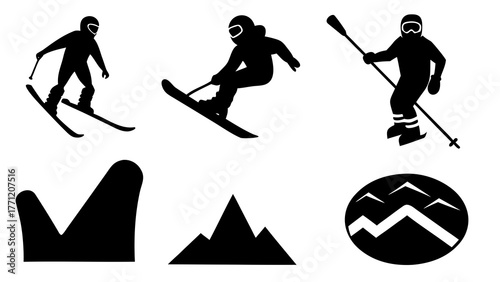 Skiers and snowboarders in action with mountain range silhouettes in black and white