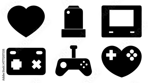 Collection of black and white gaming icons representing different game styles