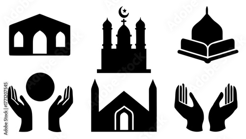 Islamic symbols and mosque designs in black and white for religious concepts