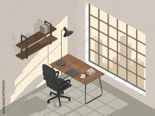 Home office workspace, floating shelves, task lamp, wood desk, ergonomic chair, large grid window, creative studio corner
