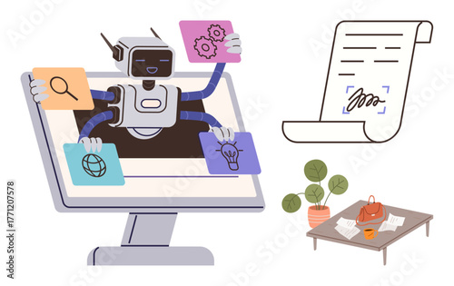 Robot with multiple arms emerges from a monitor holding icons for search, technology, web, and idea alongside a digital document and a desk with papers and plant. Ideal for automation, multitasking