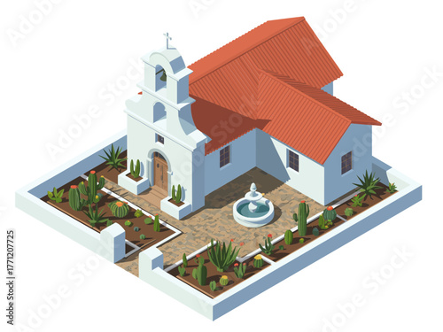 Mission style church, terracotta roofs, garden courtyard fountain, stucco walls, palm beds, tranquil heritage architecture scene