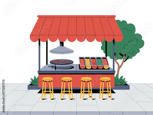 Outdoor food stall, red awning canopy, stools at counter, large skillet cooking station, city street market vector