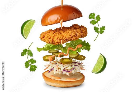 Exploded view of a delicious fried chicken burger with fresh ingredients, isolated on white background