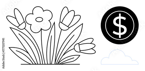 Flowers growing as dollar coin highlights financial investment, growth, and environmental sustainability. Ideal for finance, farming, economy, eco-friendly projects, growth management, nature