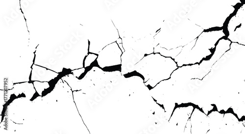 Wall cracks. Flat for instant color change. Split terrain after earthquake. Grunge urban graphic elements of rough surface. Dust overlay distress grained texture. Transparent background.